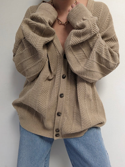 Vintage Latte Herringbone Cotton Cardigan