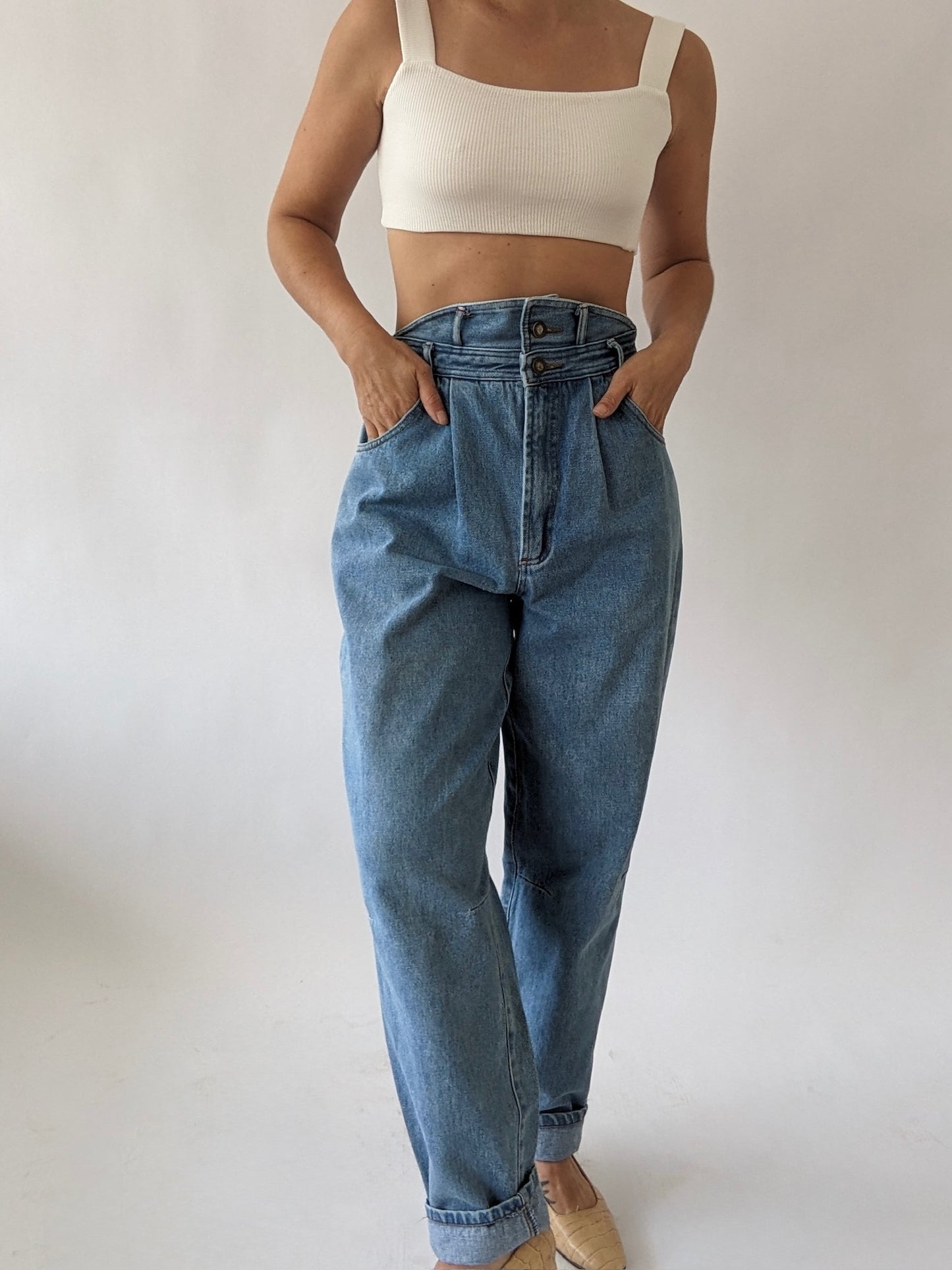 Vintage Pleated High-Rise Denim