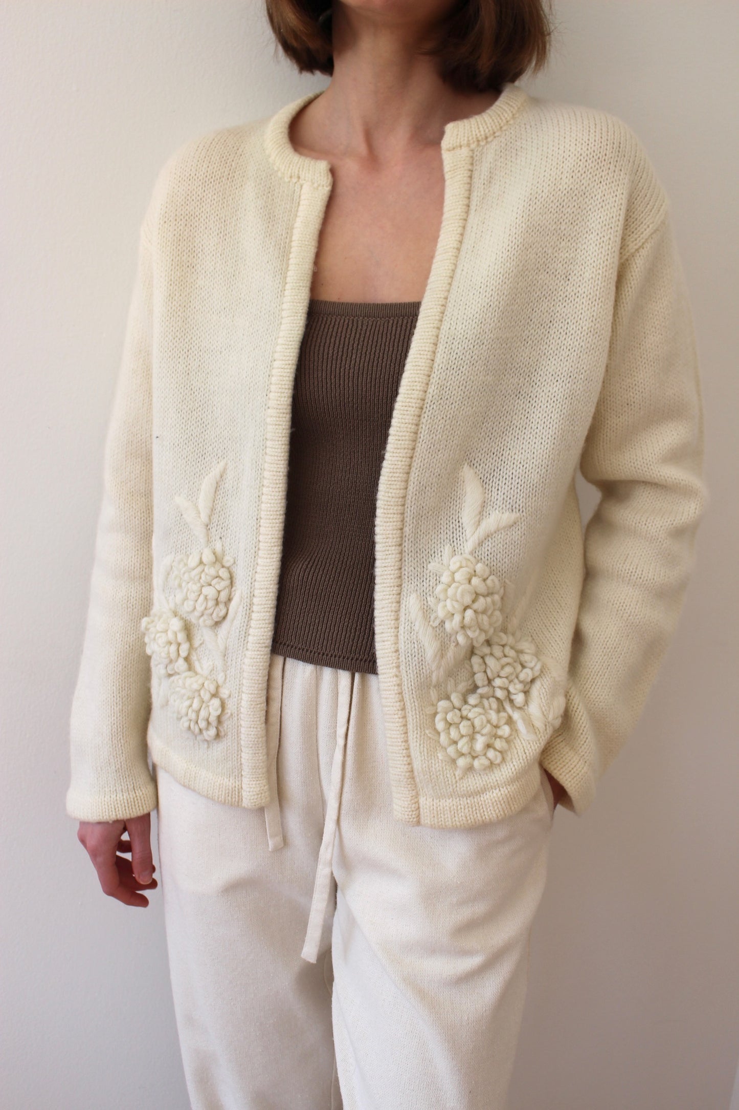 Vintage Buttercream Embroidered Wool Cardigan