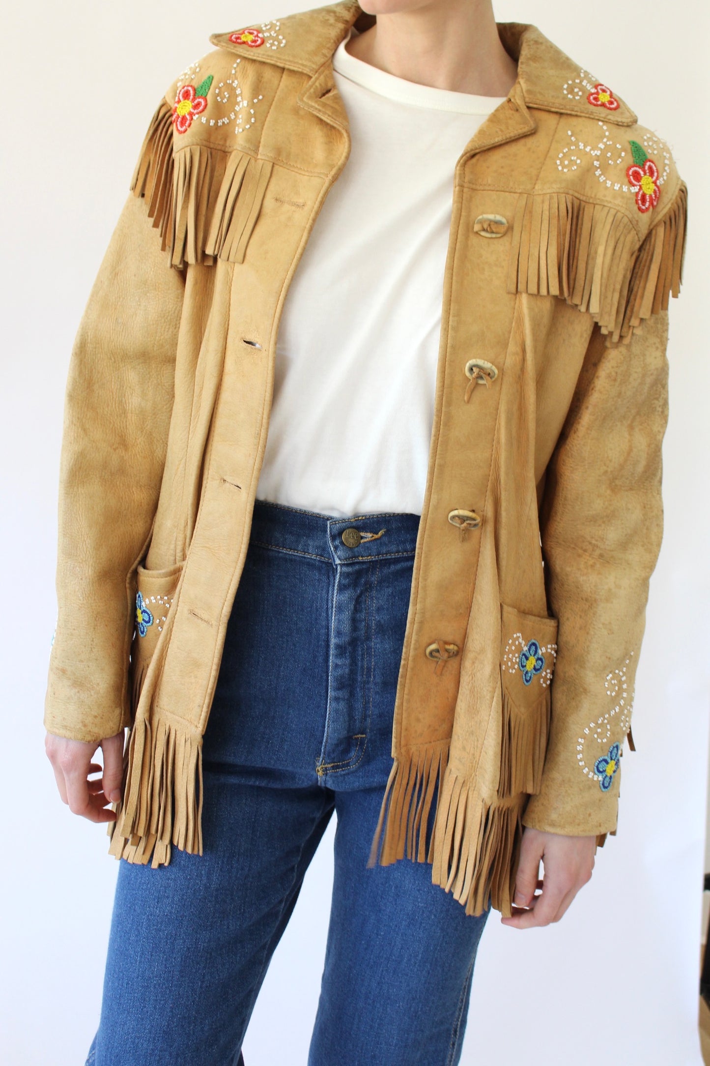 Vintage Floral Beaded Fringe Leather Jacket
