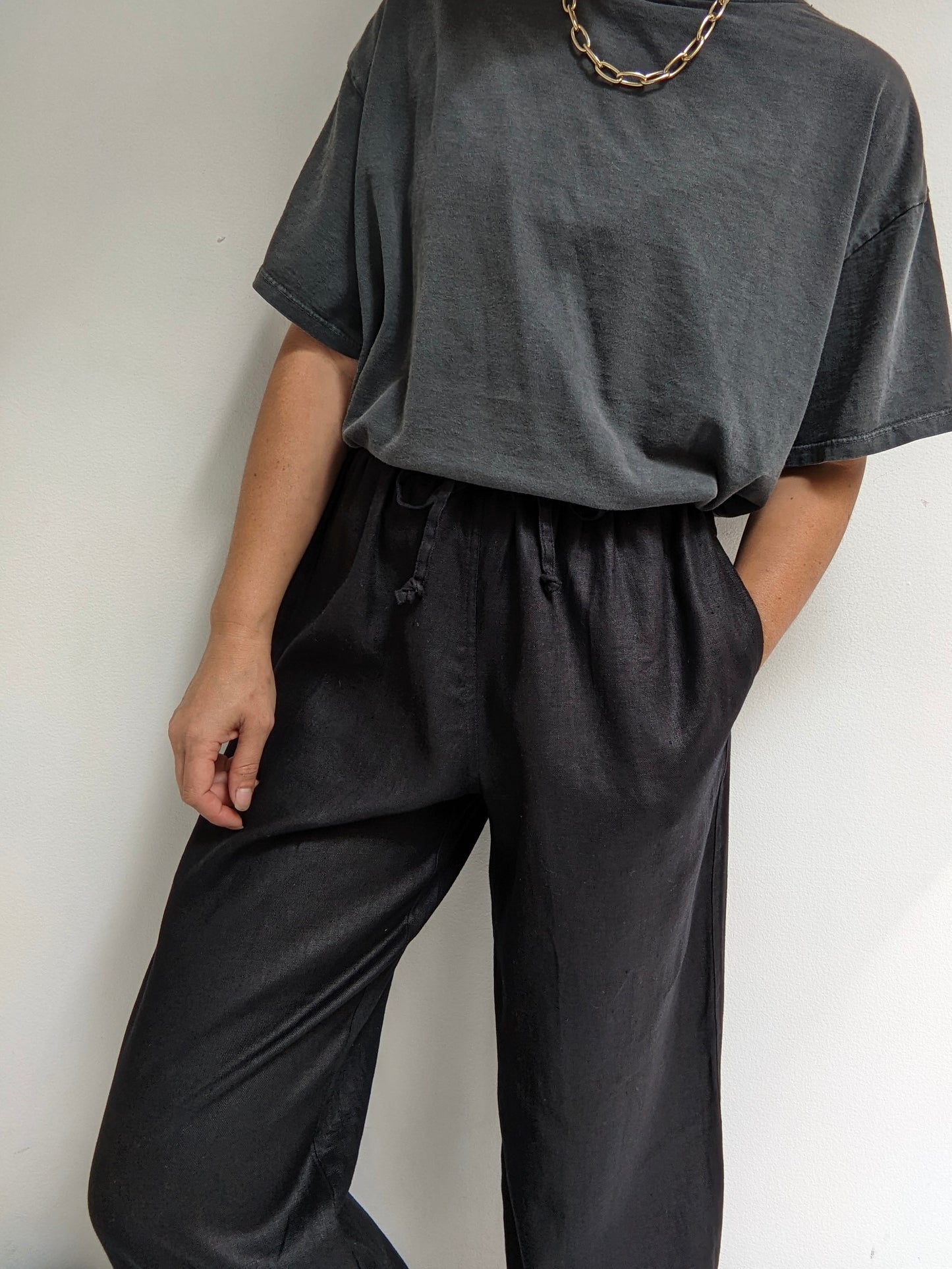 Vintage Black Linen Drawstring Pants