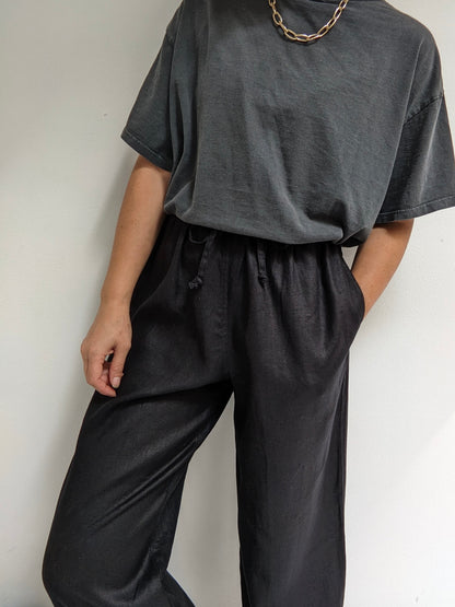 Vintage Black Linen Drawstring Pants