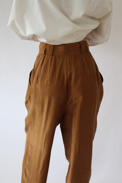 Vintage Toffee Pleated Silk Trousers