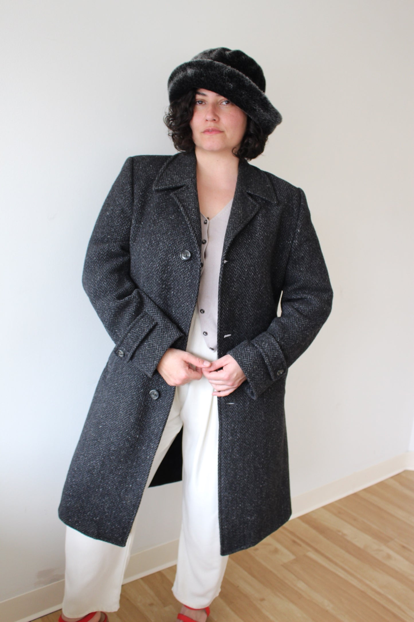 Vintage Charcoal Wool Herringbone Coat