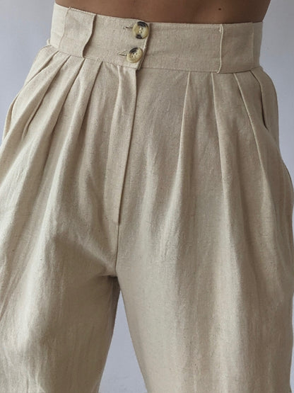 Vintage Natural Pleated Linen Trousers