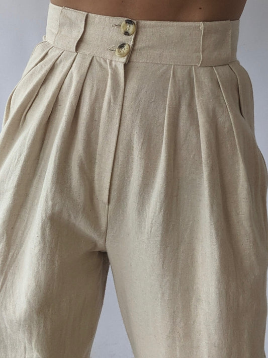 Vintage Natural Pleated Linen Trousers
