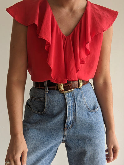 Vintage Sleeveless Ruffled Silk Blouse