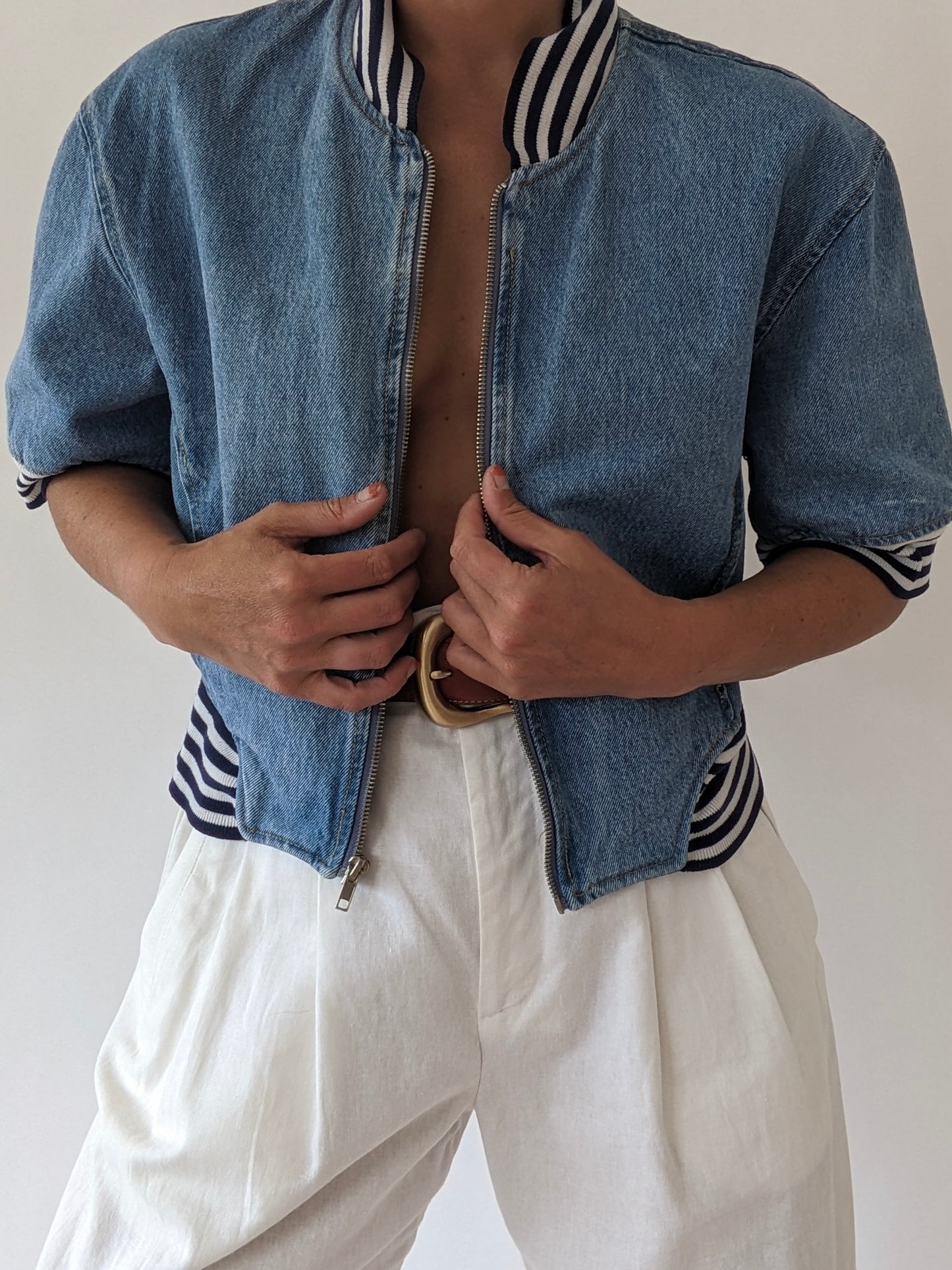 90s Cropped Denim & Stripe Jacket