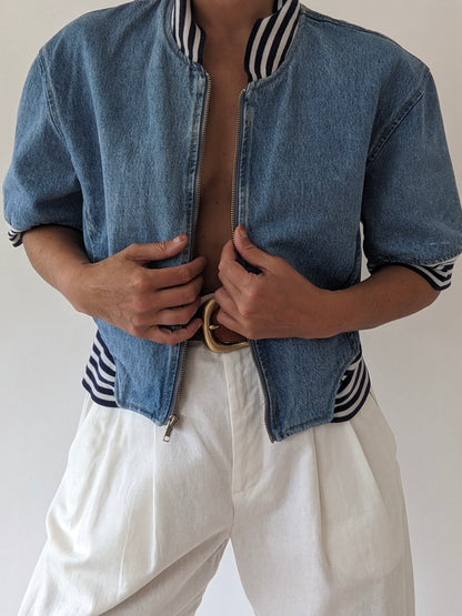 90s Cropped Denim & Stripe Jacket