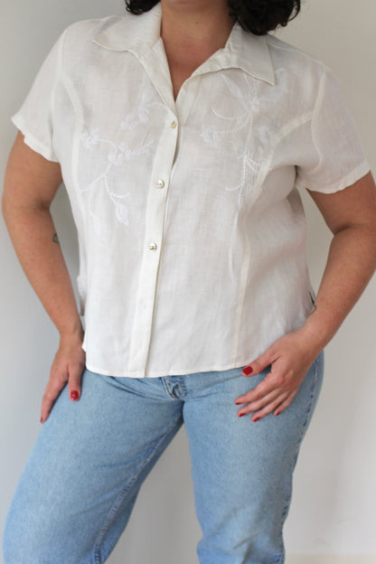Vintage Floral Embroidered Linen Blouse