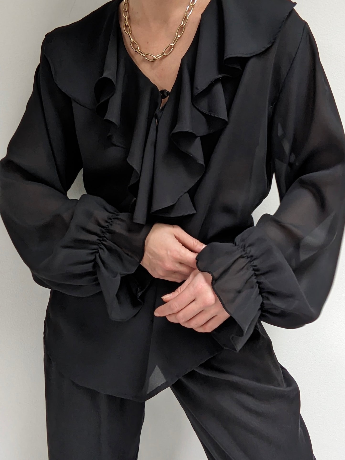 Vintage Sheer Black Ruffled Blouse