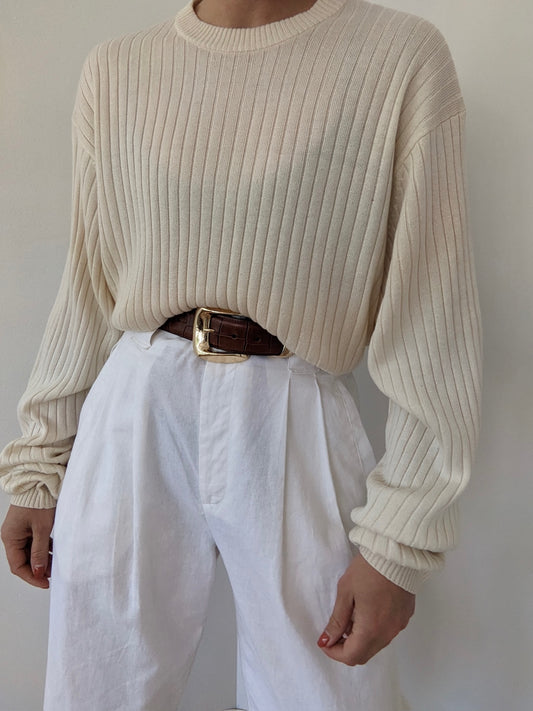 Vintage Cream Silk & Cashmere Ribbed Pullover