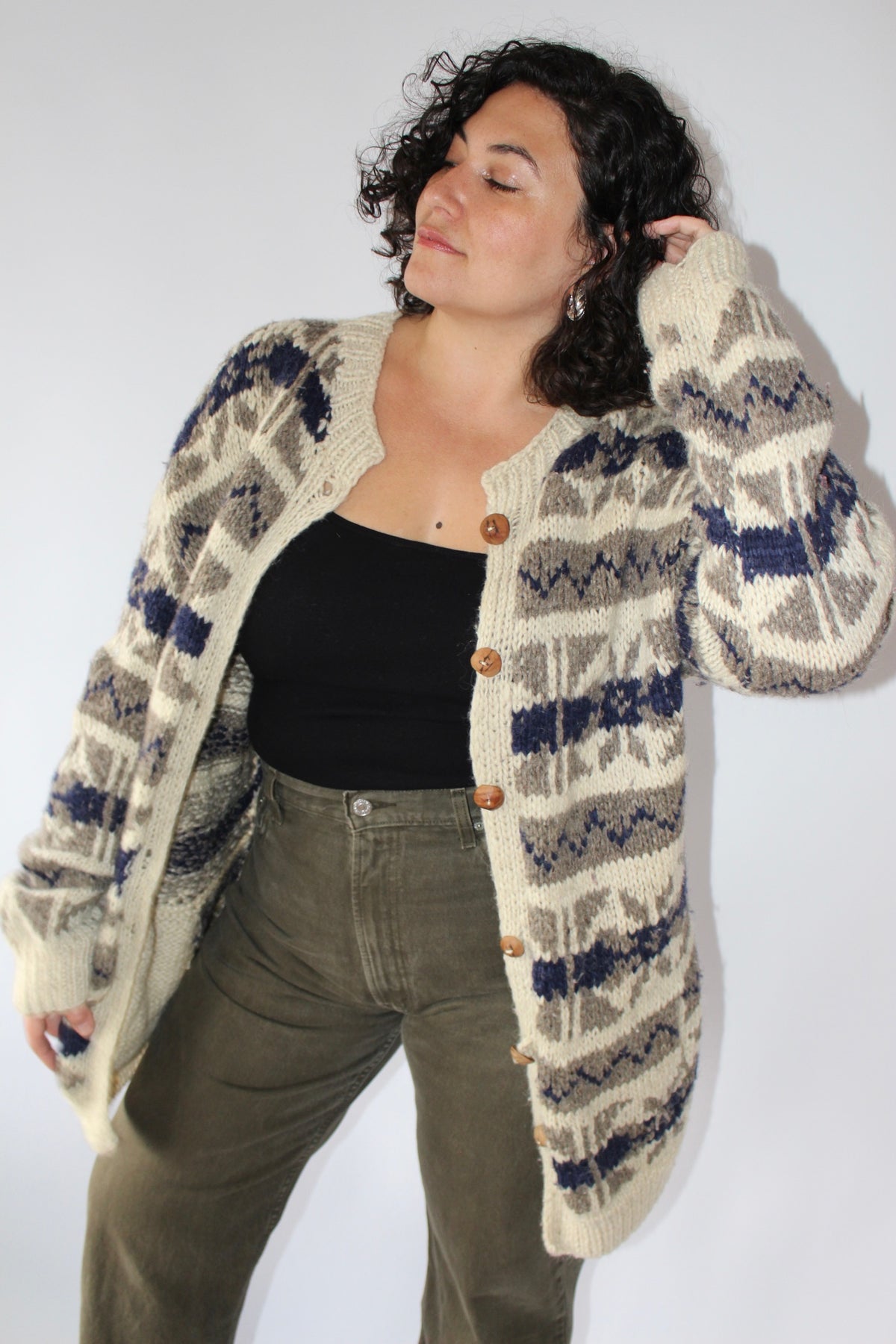 Vintage Hand Knit Patterned Wool Cardigan