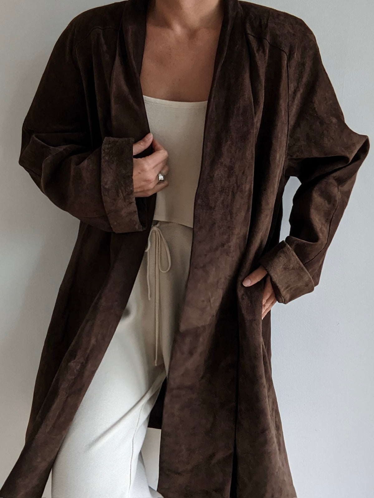 Vintage Espresso Sueded Leather Swing Coat