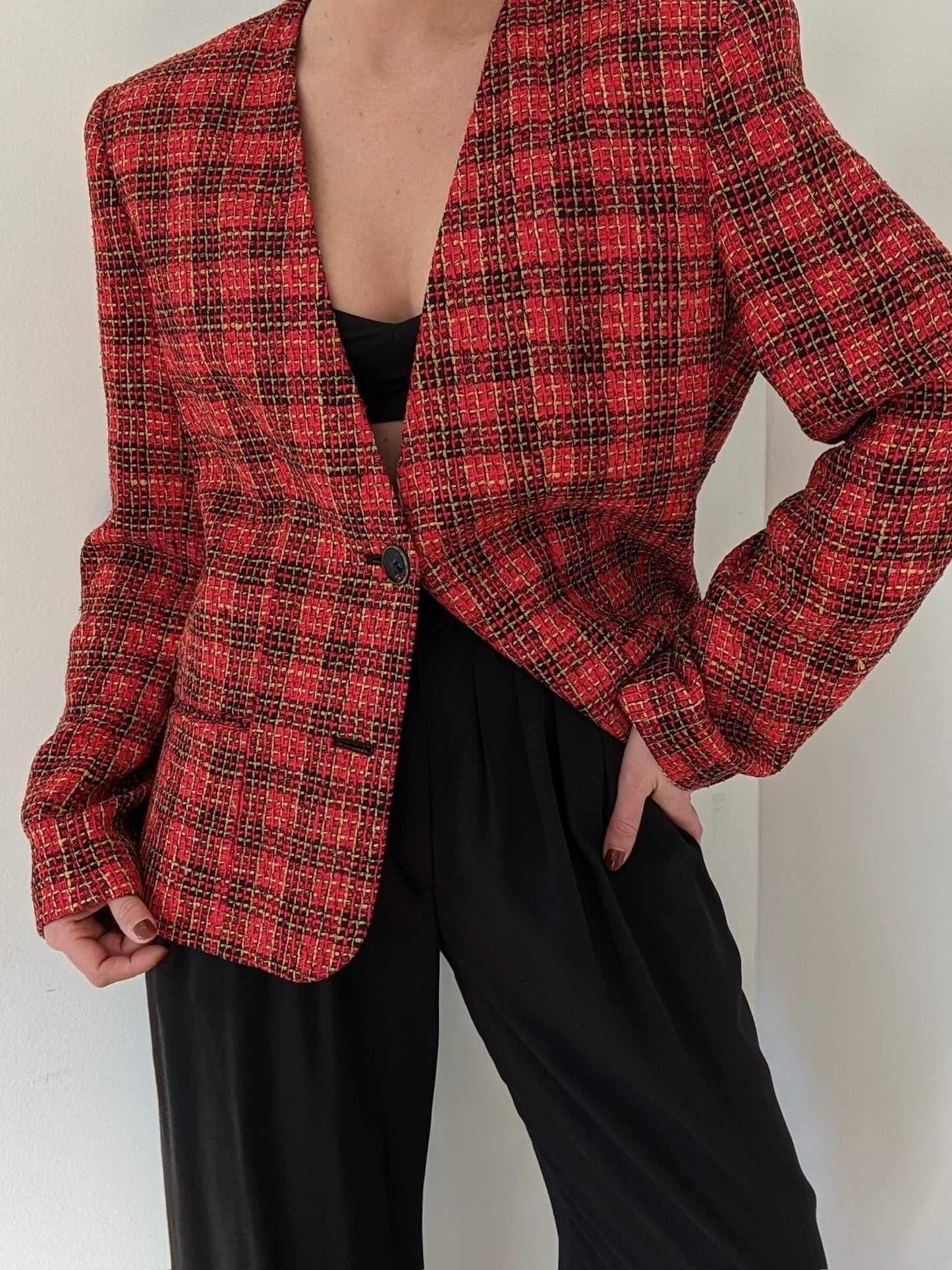 Vintage Crimson Plaid Woven Silk Blazer