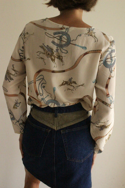 Vintage Equestrian Illustrated Silk Blouse