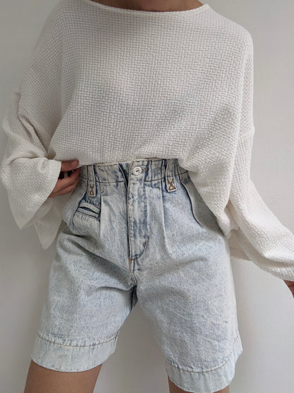 Vintage Acid-Washed Pleated Denim Shorts