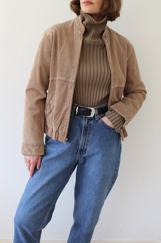 Vintage Cropped Latte Suede Bomber