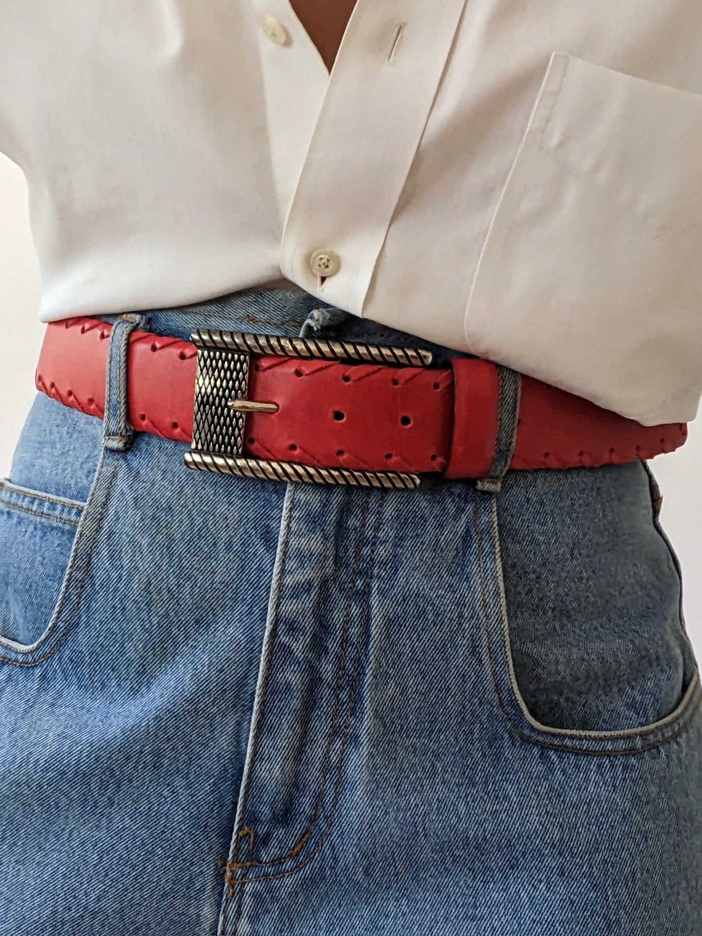 Bold Vintage Red Leather & Silver Hardware Belt