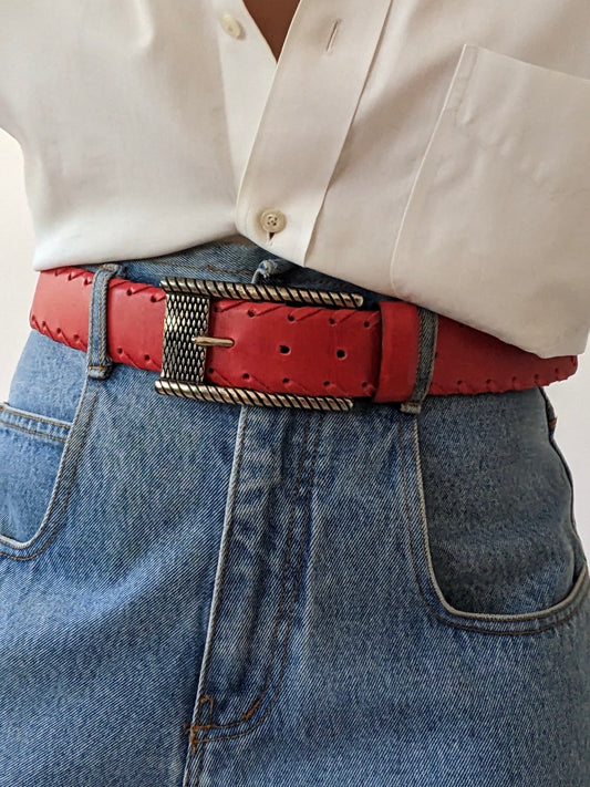 Bold Vintage Red Leather & Silver Hardware Belt