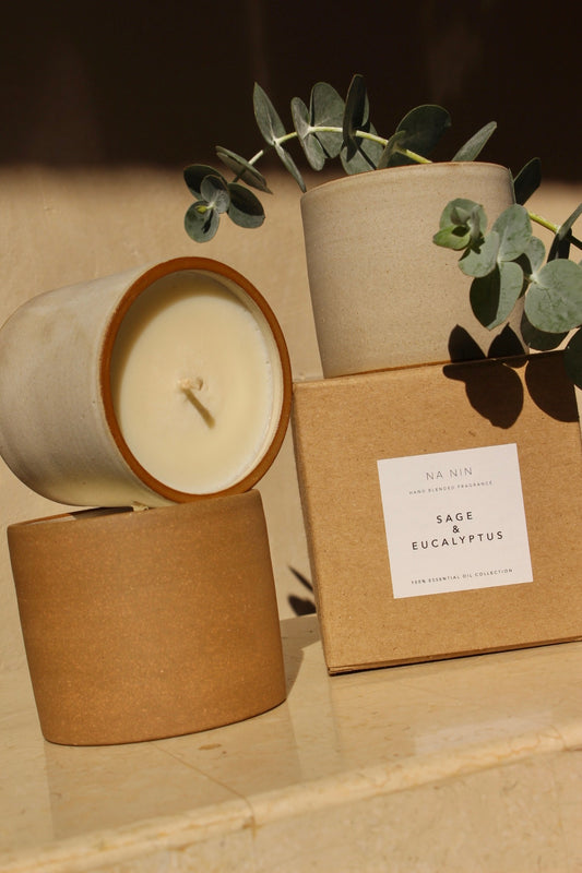 Sage & Eucalyptus Essential Oil Soy Candle / Available in White & Terracotta Ceramic