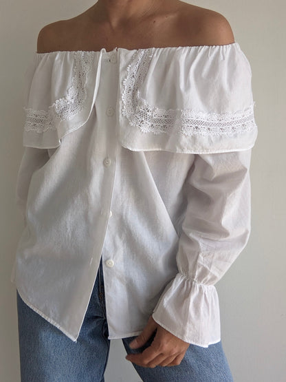 Beautiful Vintage Ruffled Lace Off-Shoulder Blouse