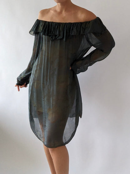 Beautiful Vintage Sheer Floral Silk Ruffled Dress