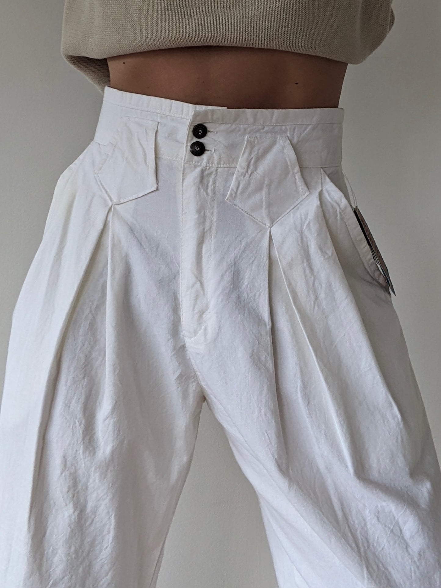 Vintage Eggshell Pleated Cotton Trousers