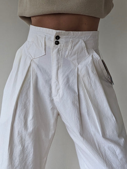Vintage Eggshell Pleated Cotton Trousers