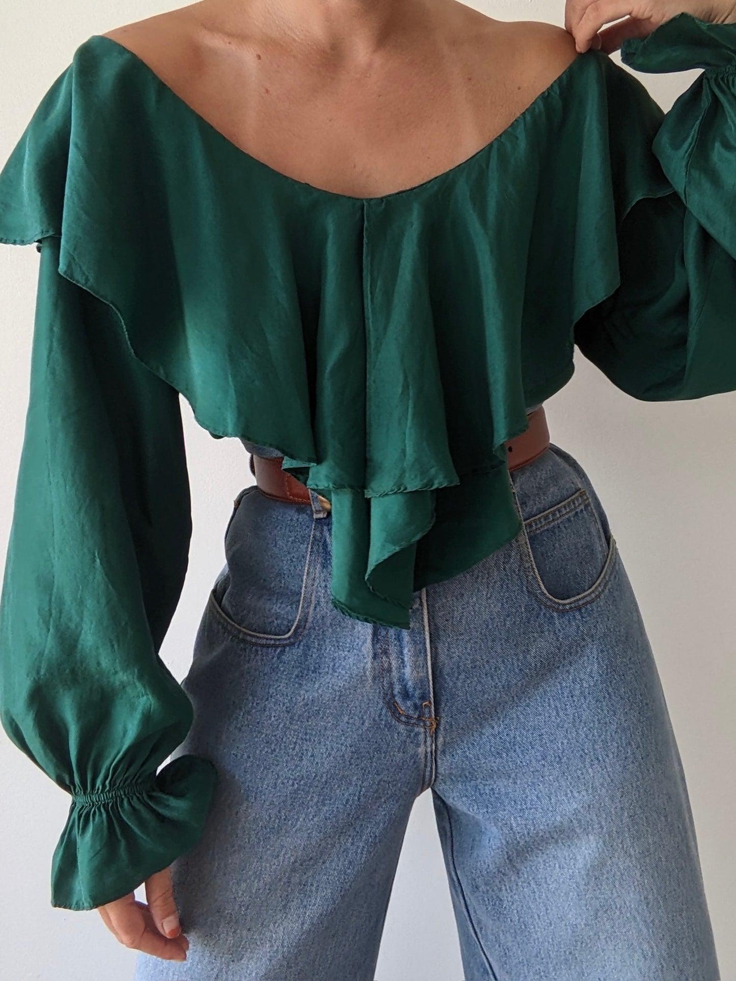 Incredible Vintage Emerald Ruffled Silk Blouse