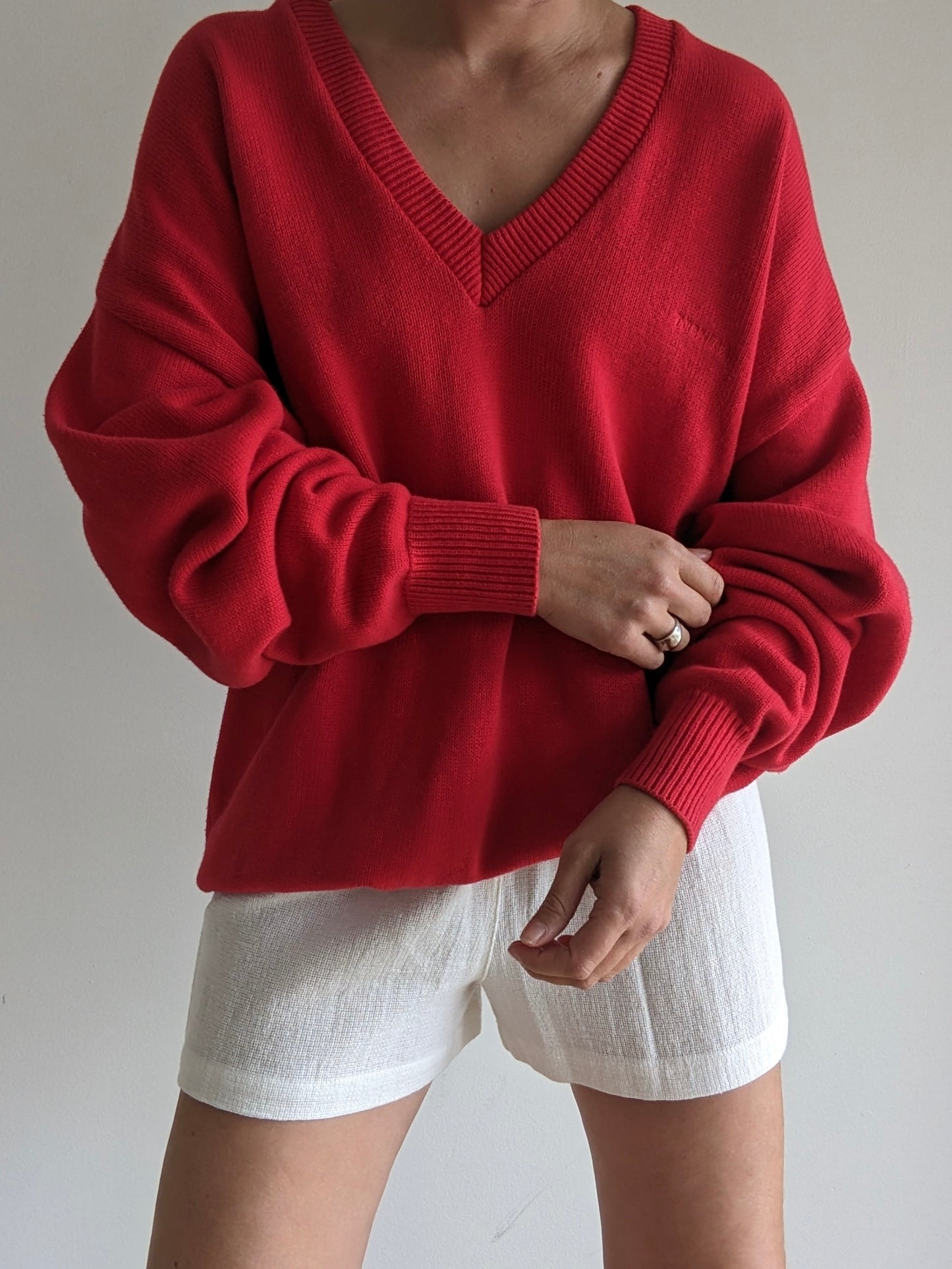Vintage Red "Toshiba" Embroidered Cotton Sweater