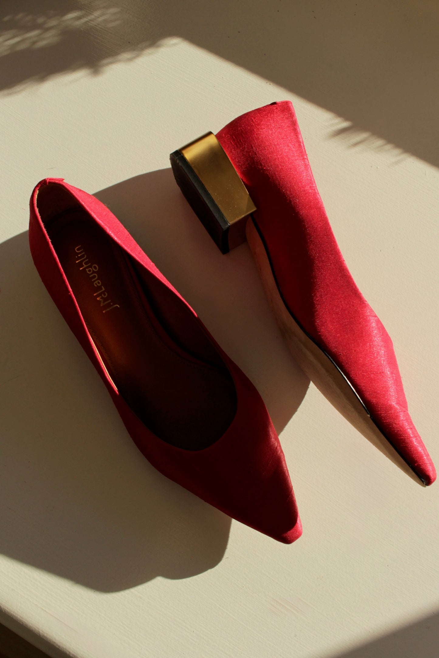 Beautiful Red Satin & Gold Heel Pumps