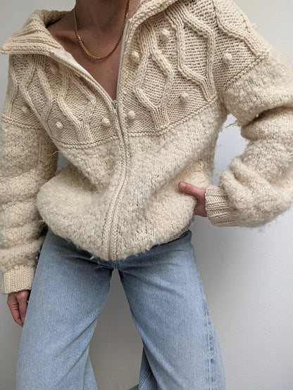 Vintage Hand Woven Cream Pure Wool Pom Pom Zip Jacket