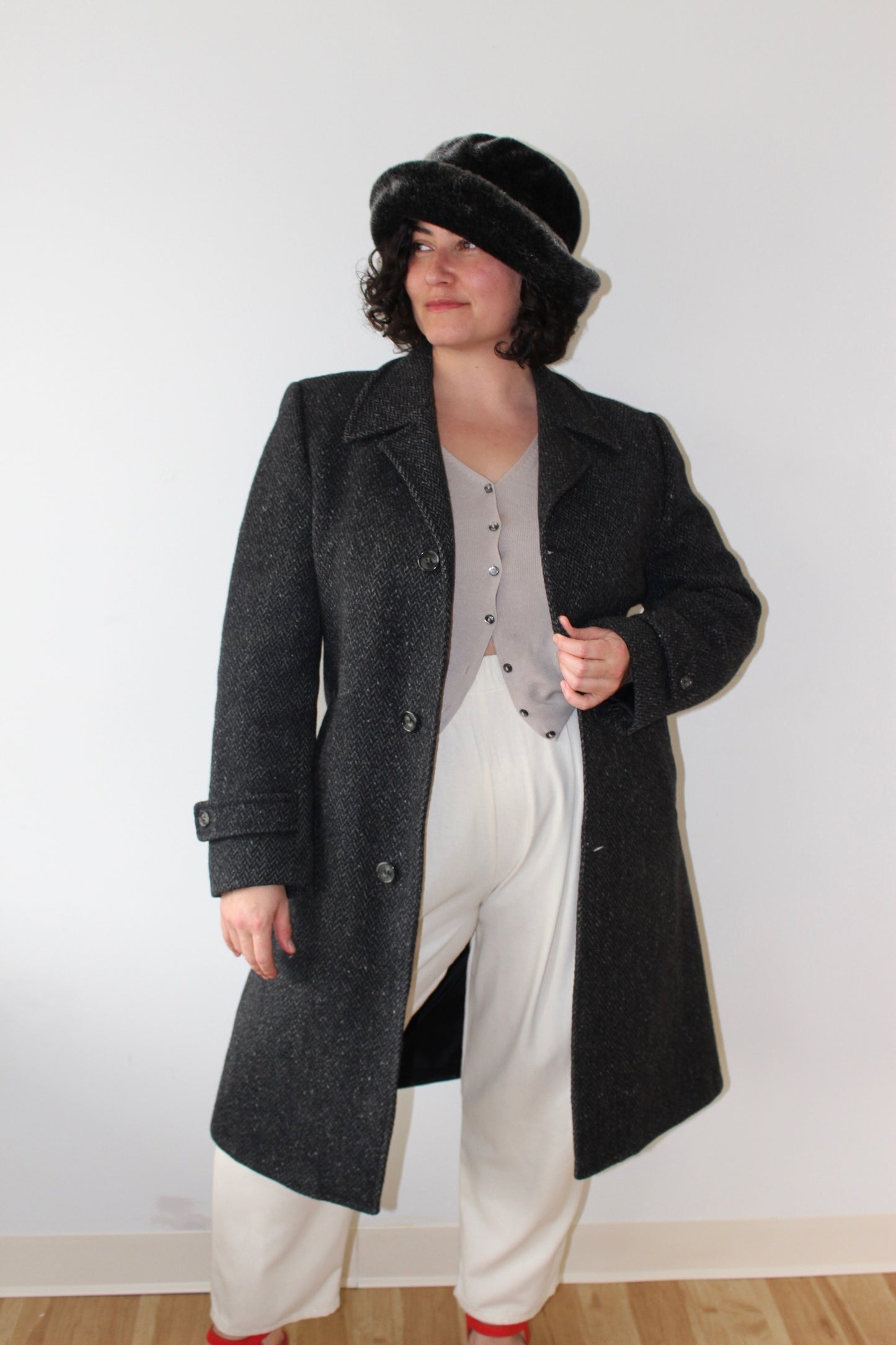 Vintage Charcoal Wool Herringbone Coat