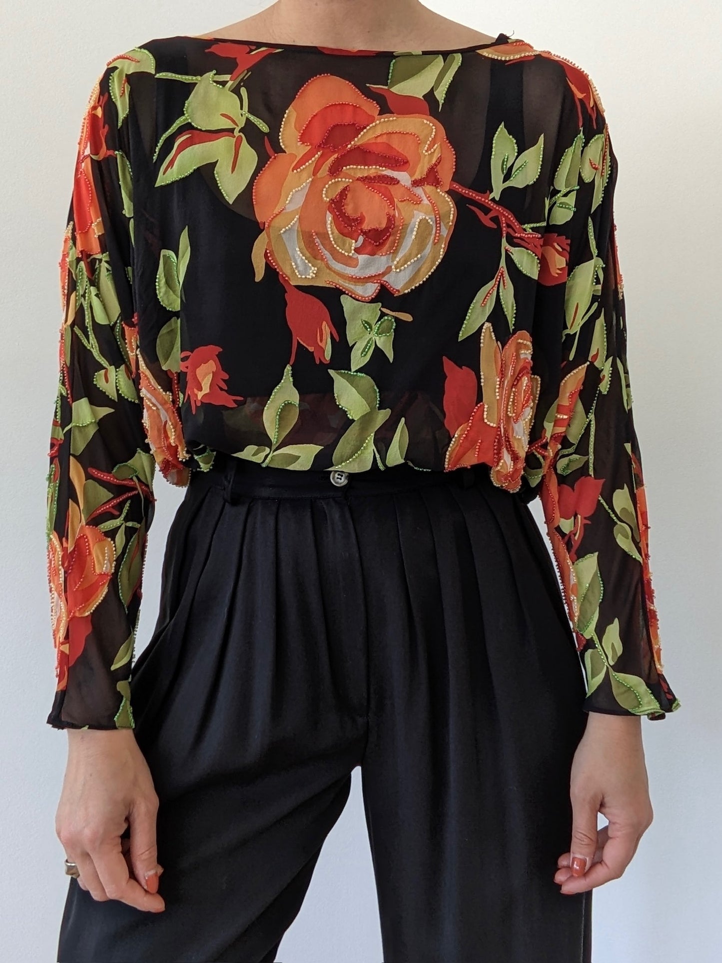 Incredible Vintage Embellished Floral Dolman Silk Blouse
