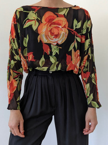 Incredible Vintage Embellished Floral Dolman Silk Blouse