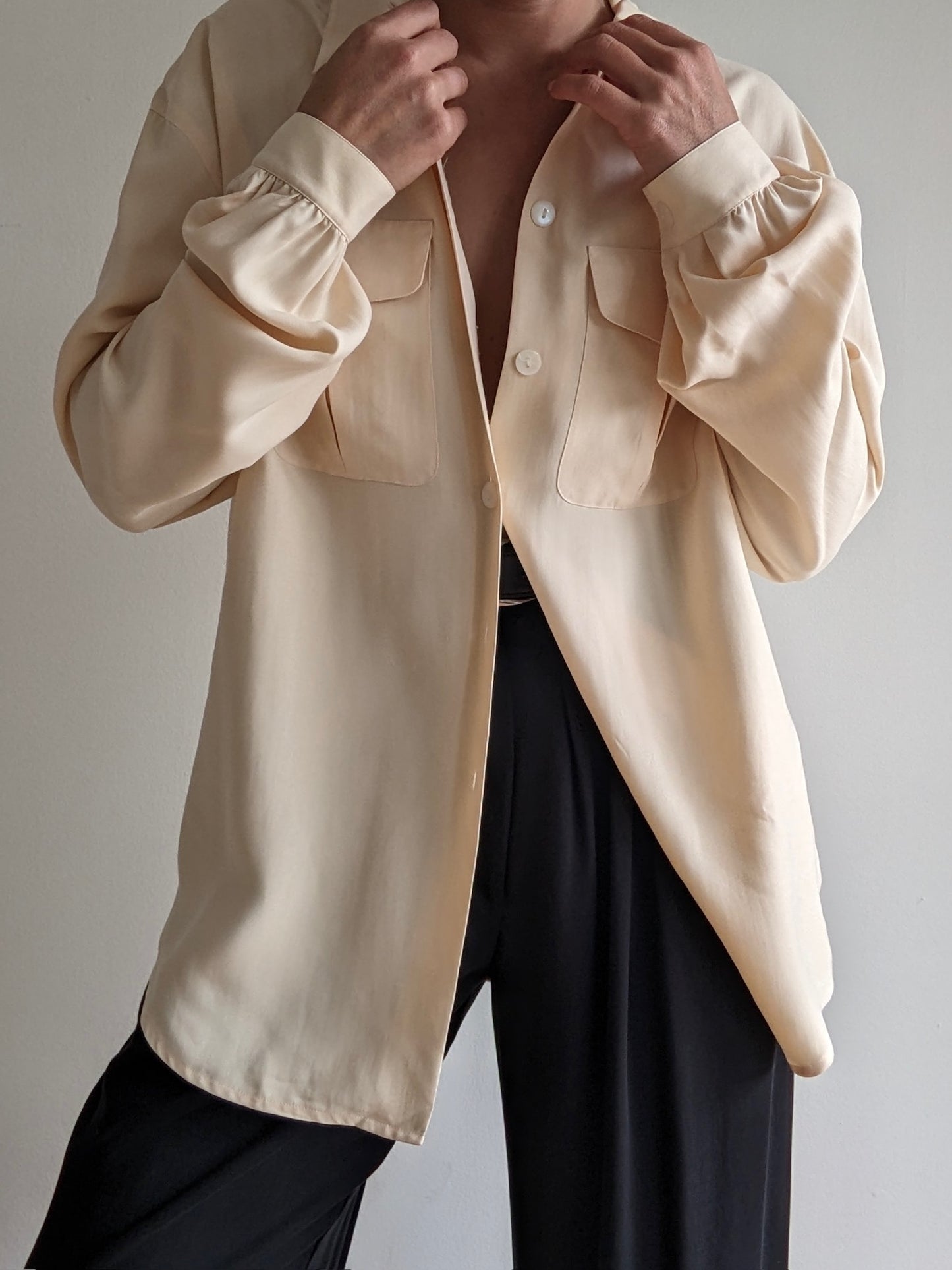 Vintage Buttercream Silk Pocket Blouse