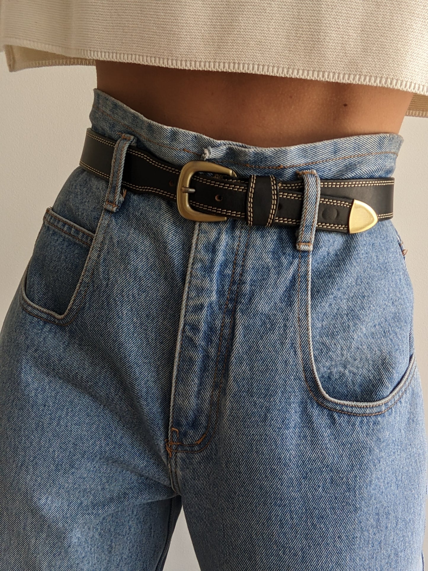 Vintage Stitched Onyx Leather Belt