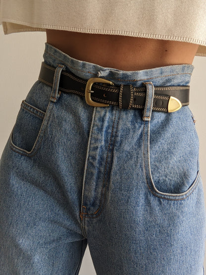 Vintage Stitched Onyx Leather Belt