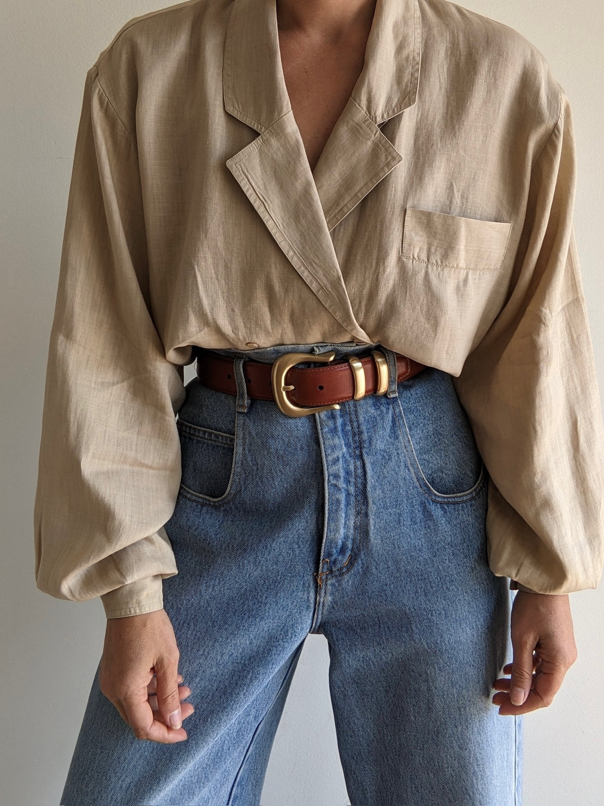 Vintage Sand Linen Balloon Sleeve Blouse