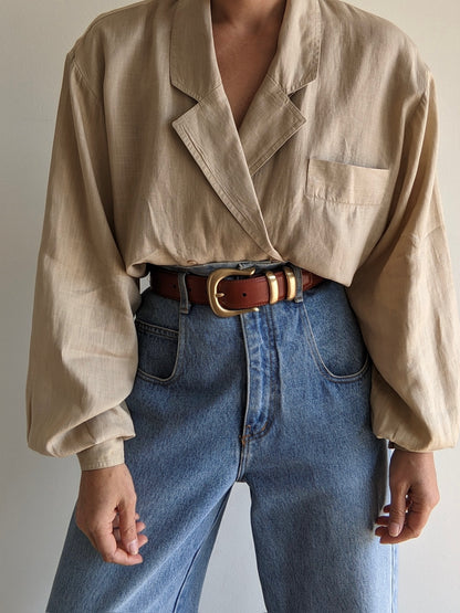 Vintage Sand Linen Balloon Sleeve Blouse