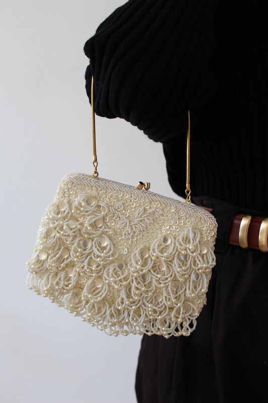 Vintage Handmade Ivory Beaded Clutch Purse
