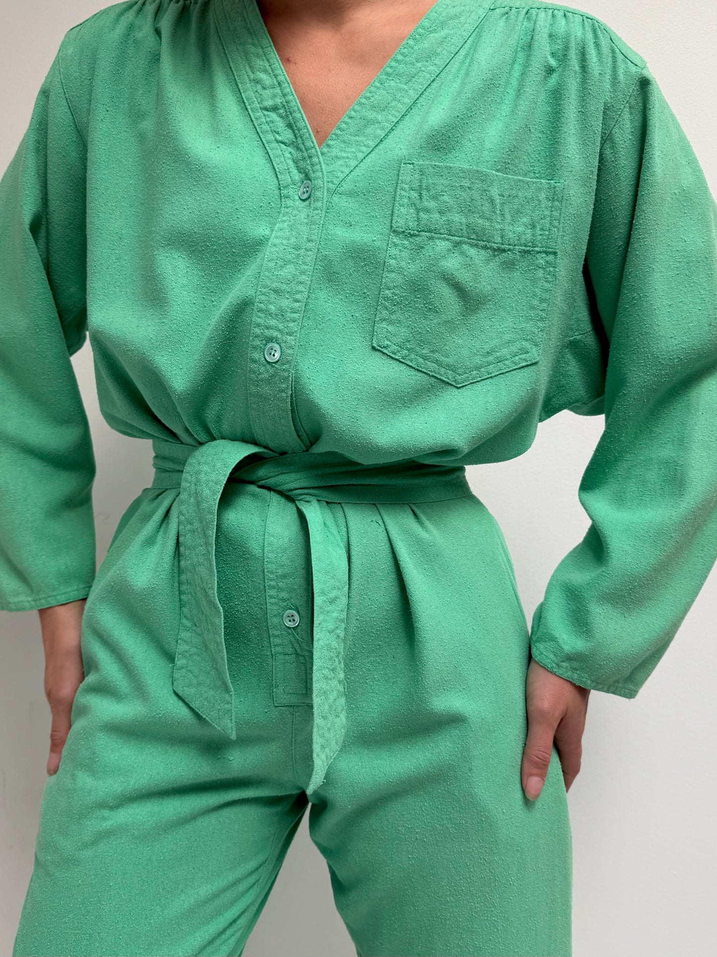 Vintage Belted Jade Raw Silk Jumpsuit