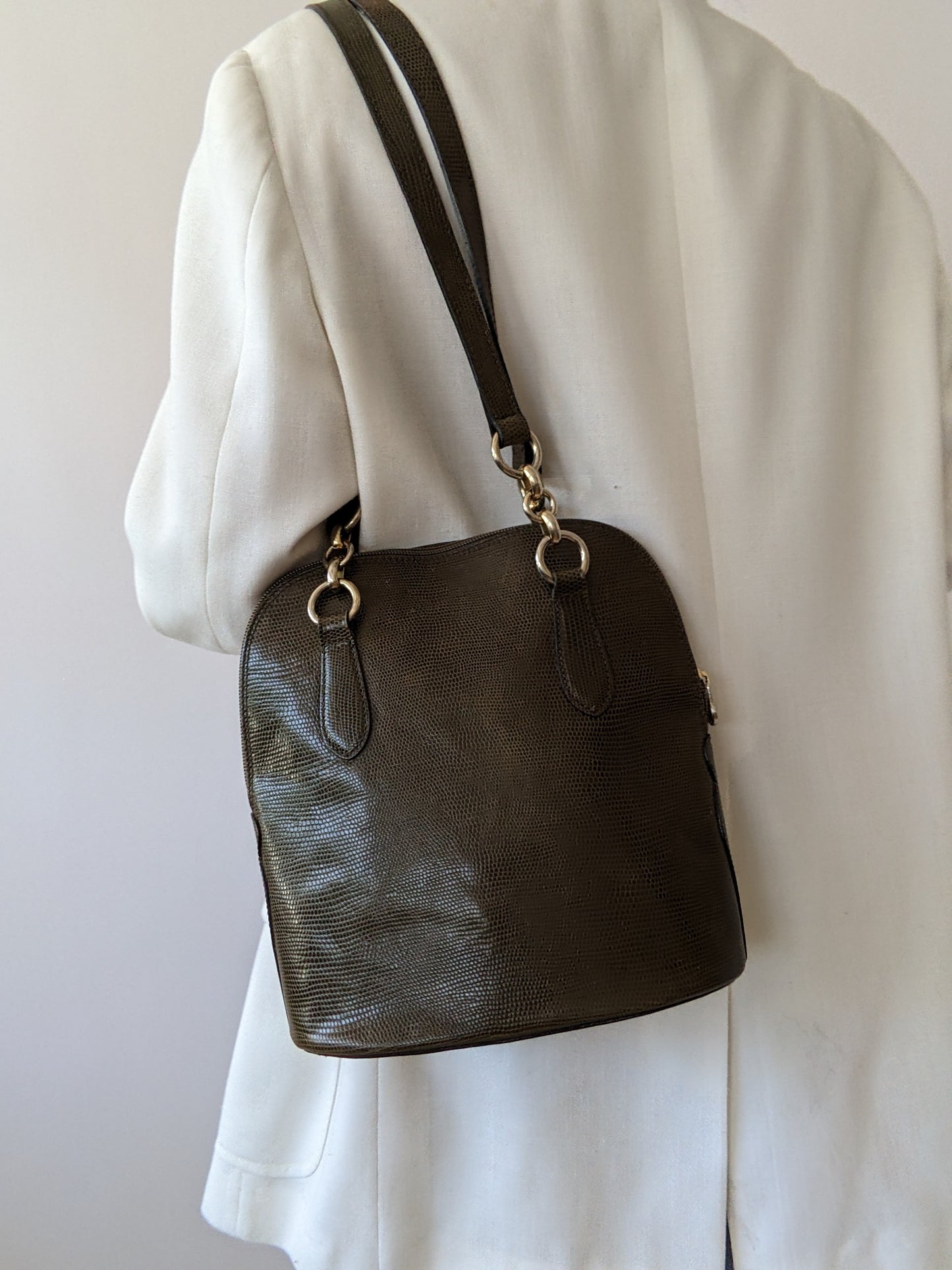 Vintage Olive Reptile-Embossed Leather Bag
