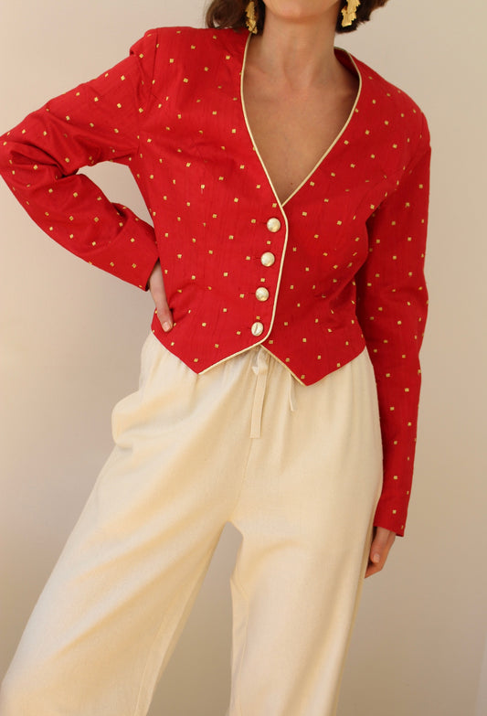 Stunning Vintage Scarlet Brushed Silk Crop Jacket