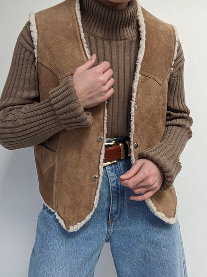 Vintage Sherpa-Lined Suede Snap Vest