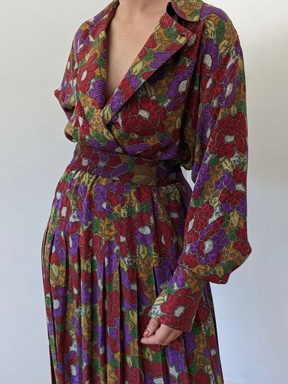 Vintage Floral Silk Skirt Set