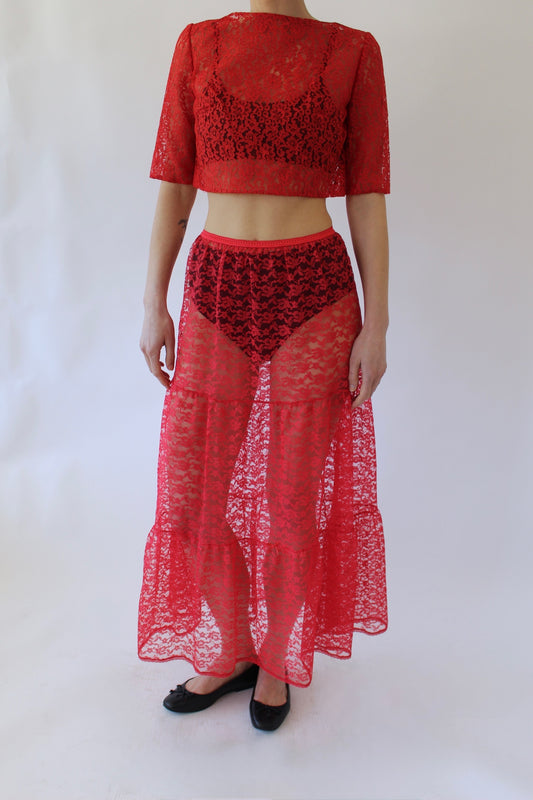 Vintage Raspberry Sheer Lace Skirt