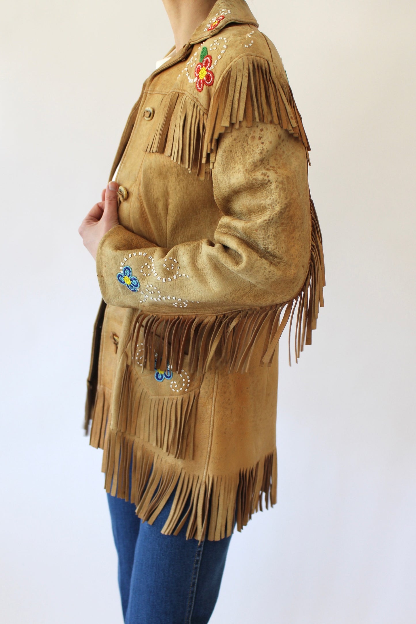 Vintage Floral Beaded Fringe Leather Jacket