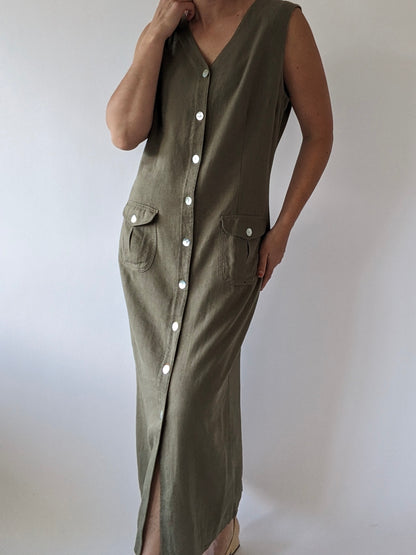 Vintage Olive Linen Market Dress